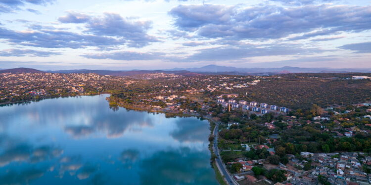 Minas Gerais - Lagoa Santa, Belo Horizonte, Brazil. Beautiful lagoon in a tourist town in Minas Gerais. Aerial photo with clouds reflecting in the calm lagoon